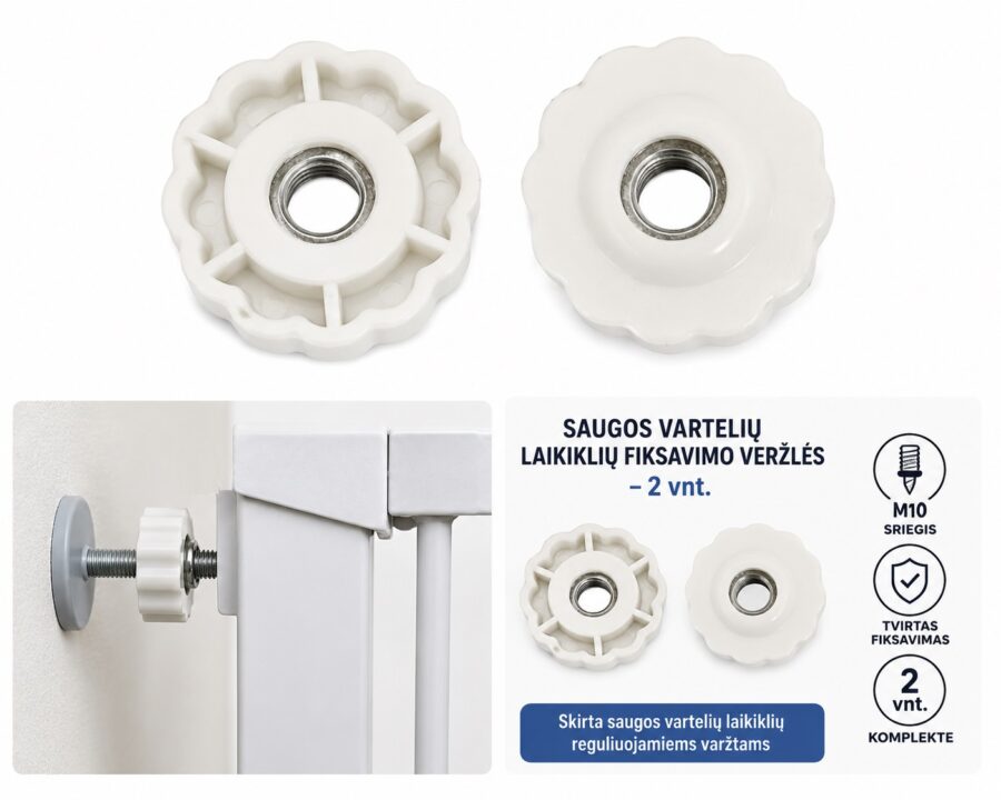 M10 veržlės saugos vartelių laikikliams, skirtos reguliuojamiems tvirtinimo varžtams.